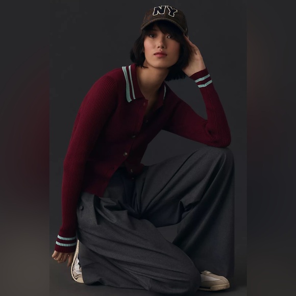 ANTHRO MAEVE Plunging Long-Sleeve Polo Cardigan Burgundy Baby Blue Ribbed Small - Picture 6 of 17